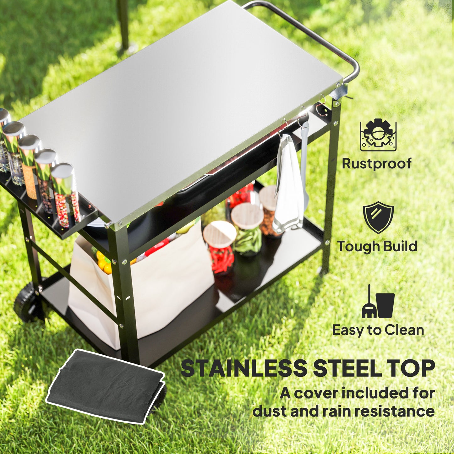 BBQ Trolley with Stainless Steel Top Adjustable Shelf