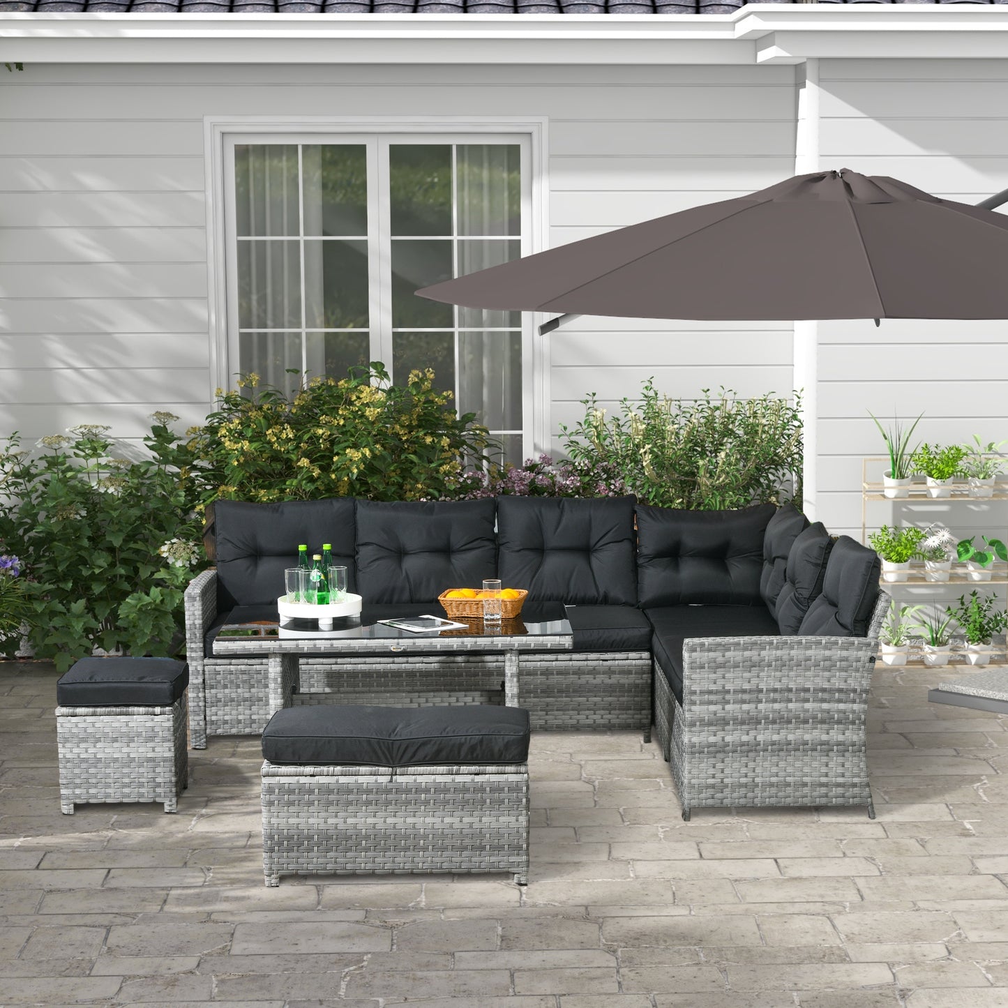 5-Piece Rattan Patio Furniture Set with Corner Sofa, Footstools (1)