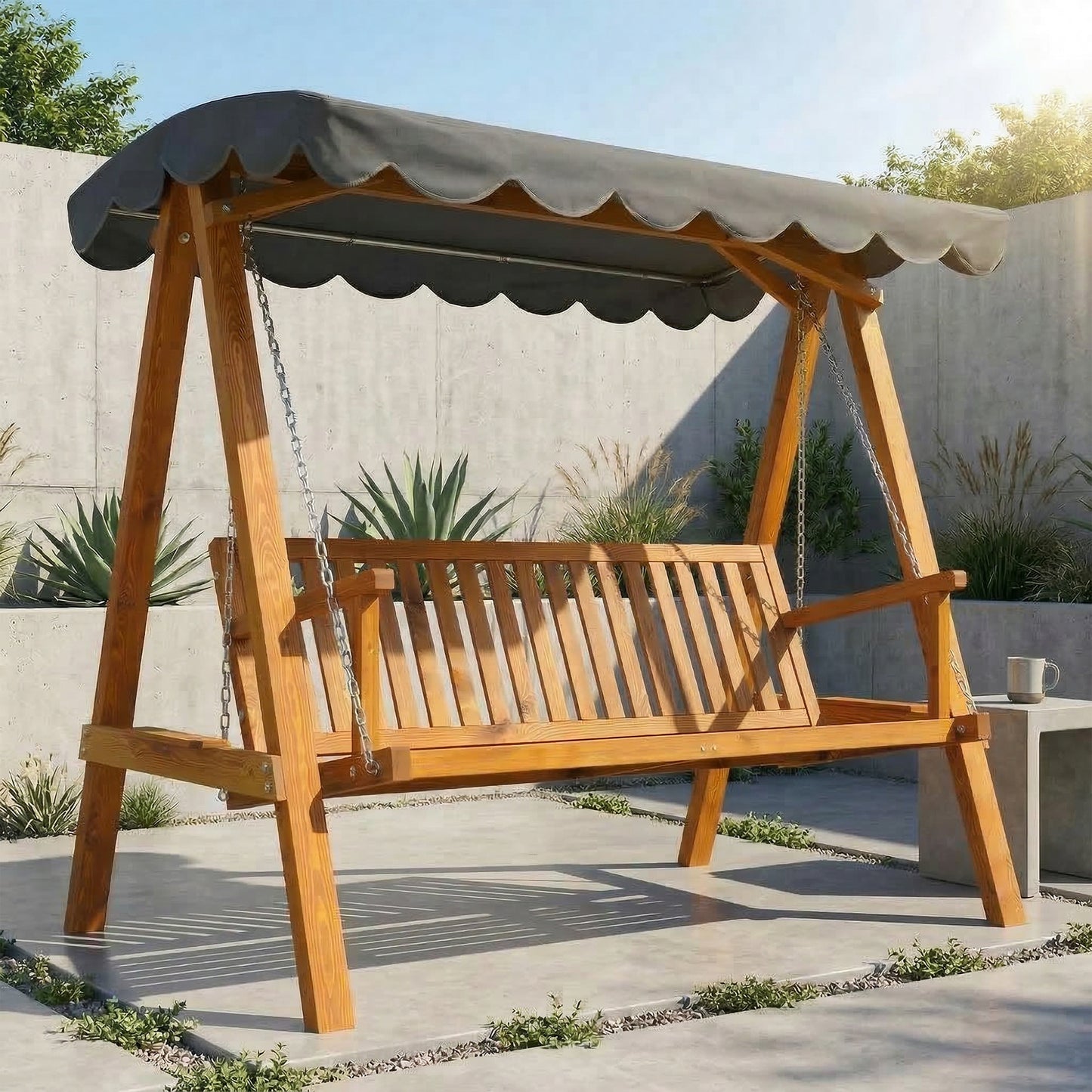 3 Seater Garden Swing Seat with Canopy, Wooden Swing Chair