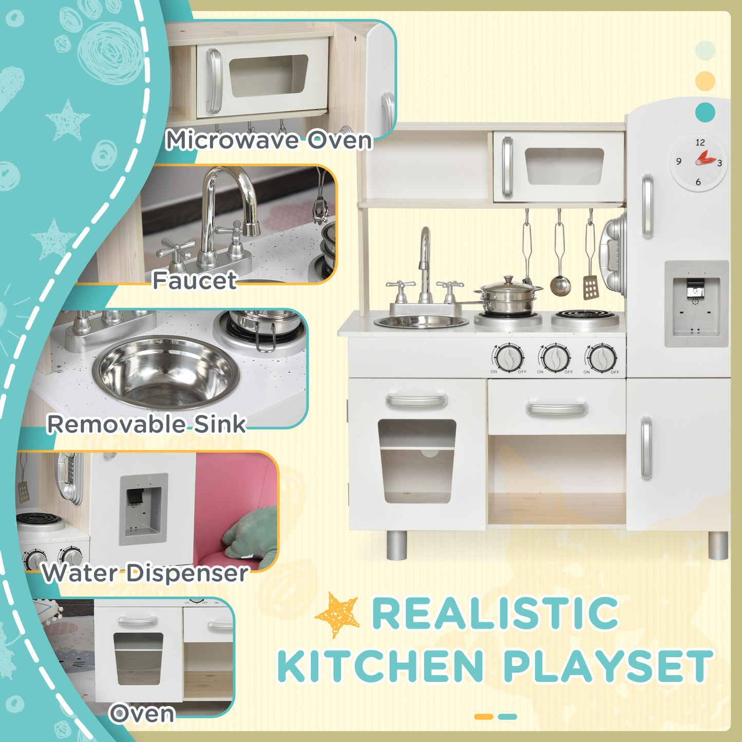 Kids Wooden Pretend Play Toy Kitchen Cooking Set Role Play Phone