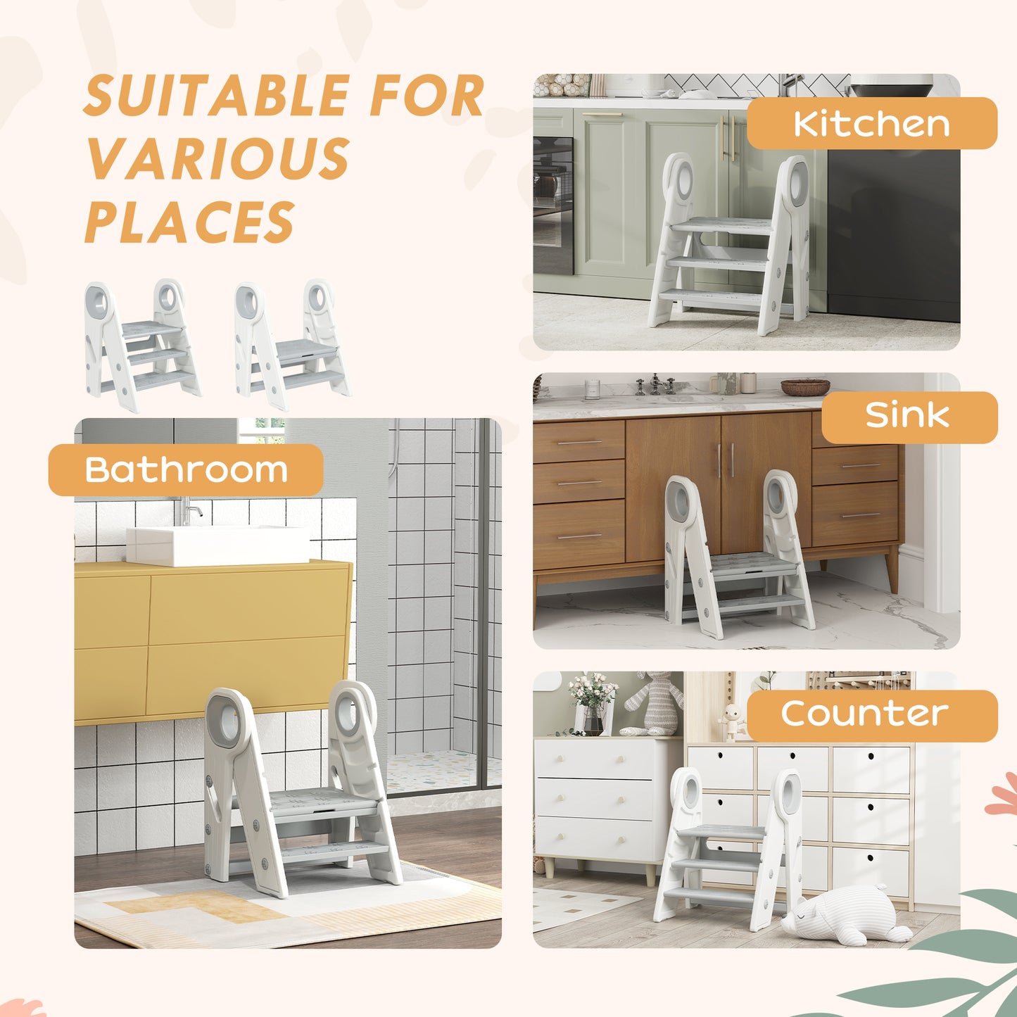 Foldable and Adjustable Kids Step Stool with Handle, Non-Slip