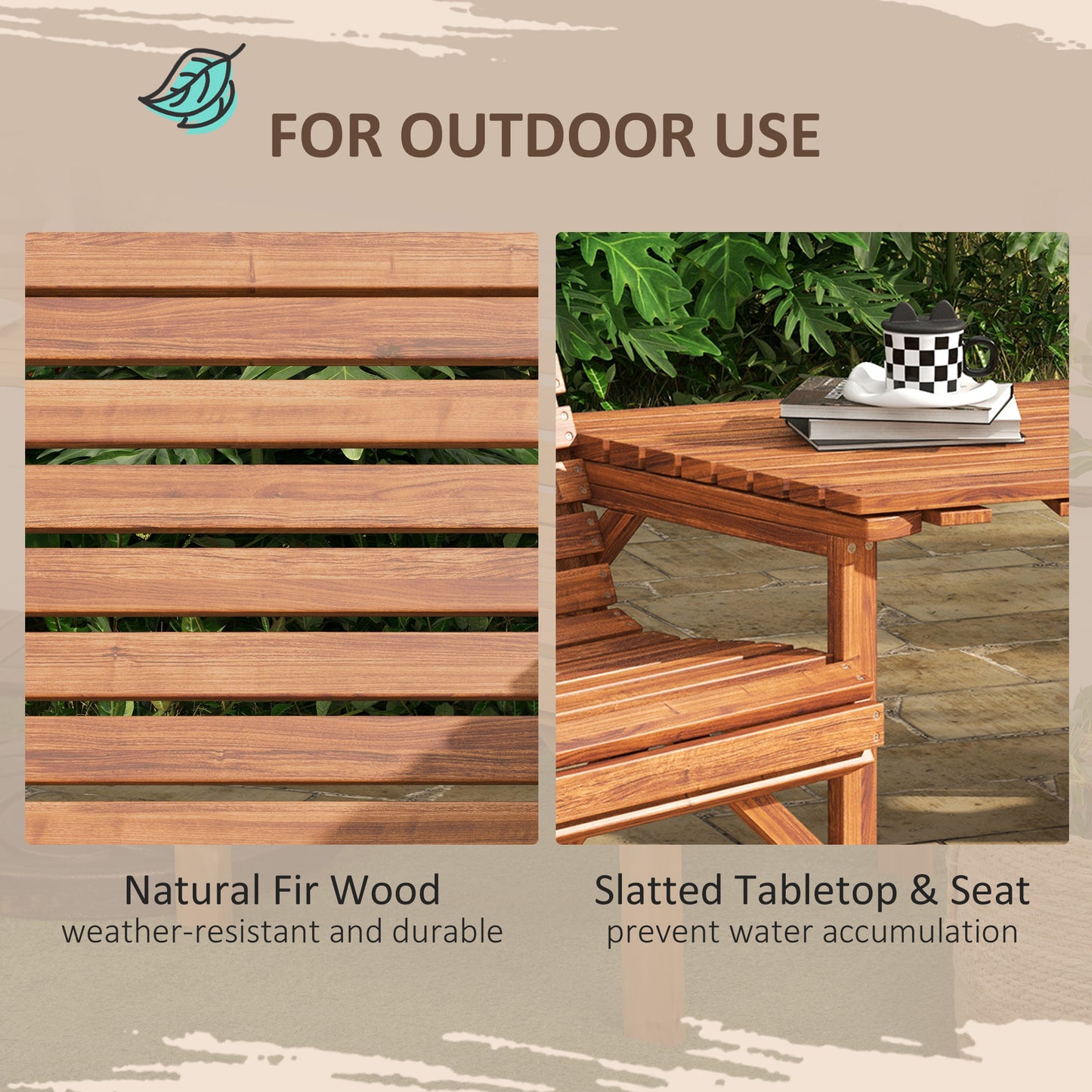 Wooden Garden Love Seat w/ Coffee Table Umbrella Hole, Tan