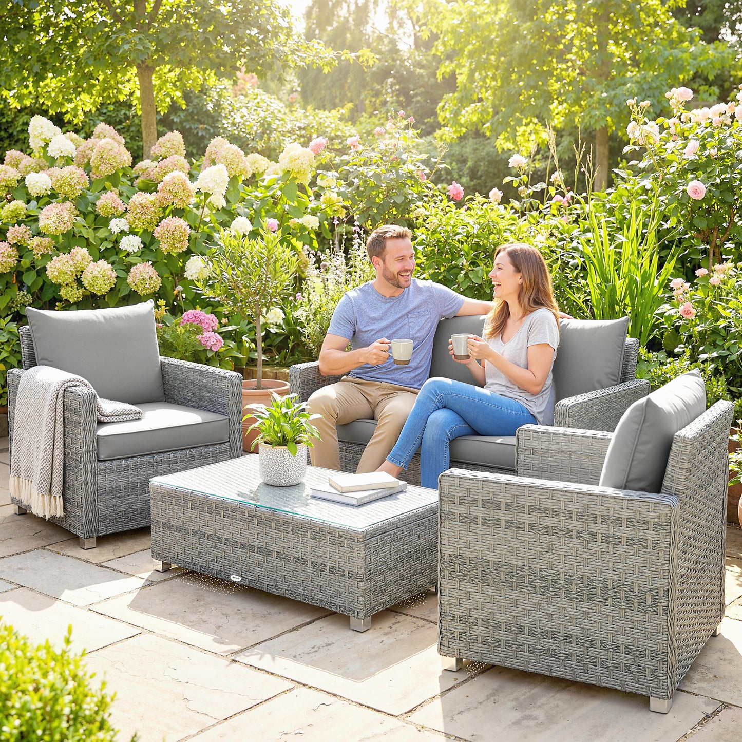 4 Piece Rattan Garden Furniture Set with Loveseat, 2 Armchairs