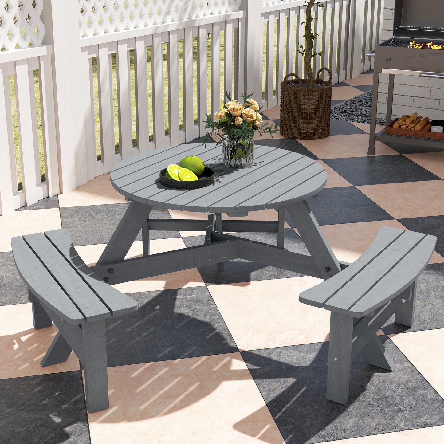 Wooden Garden Dining Set, 6 Seater Round Dining Picnic Table (1)