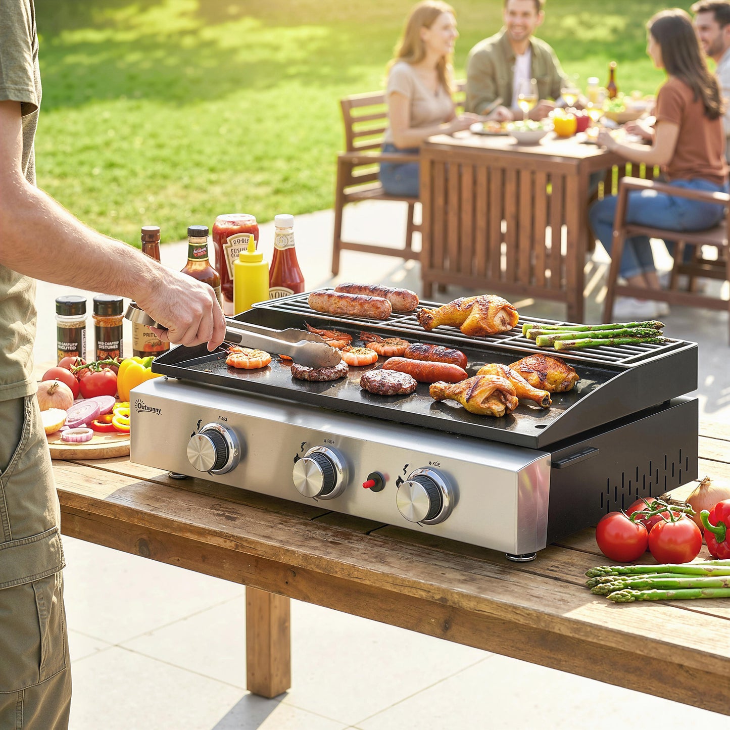 3 Burner Grill Griddle, Portable Gas Plancha with Warming Rack