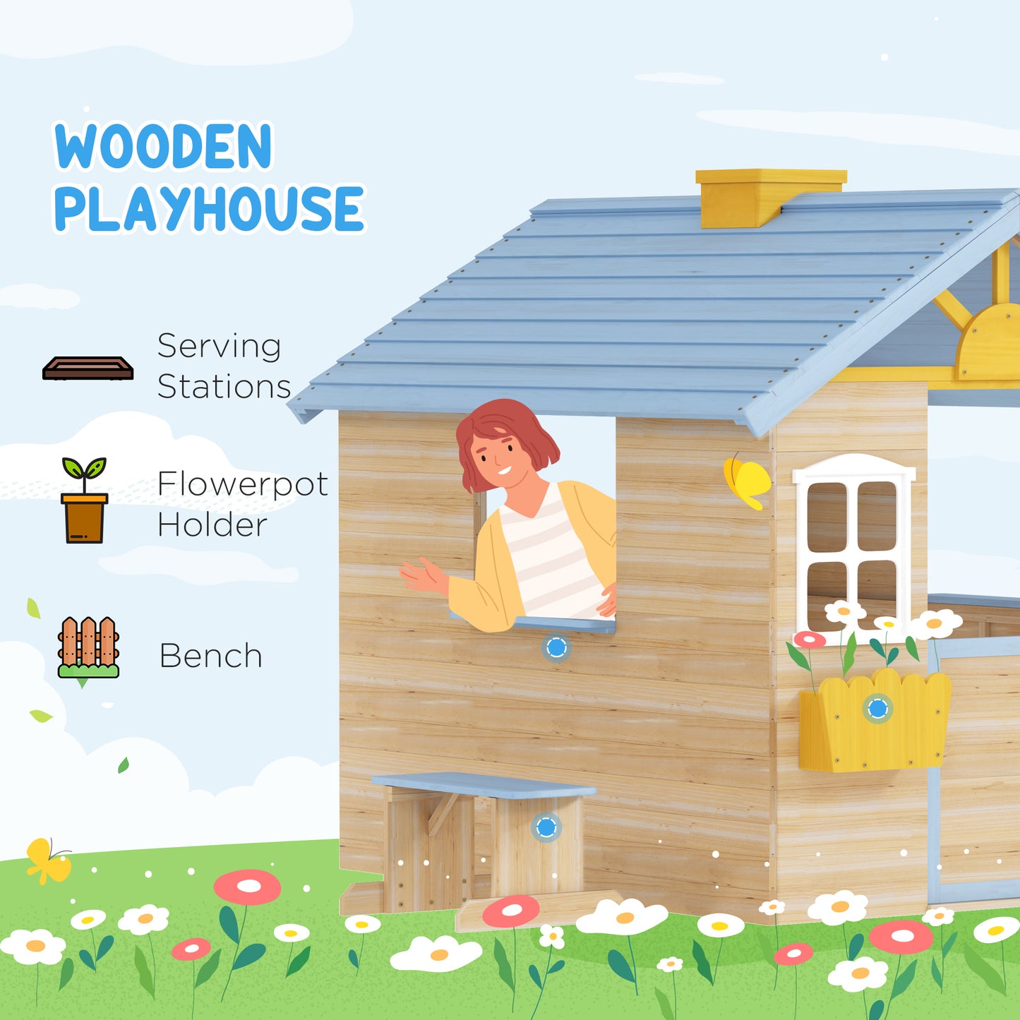 Wooden Playhouse, Wendy House w/ Door, Bench, Flowerpot Holder
