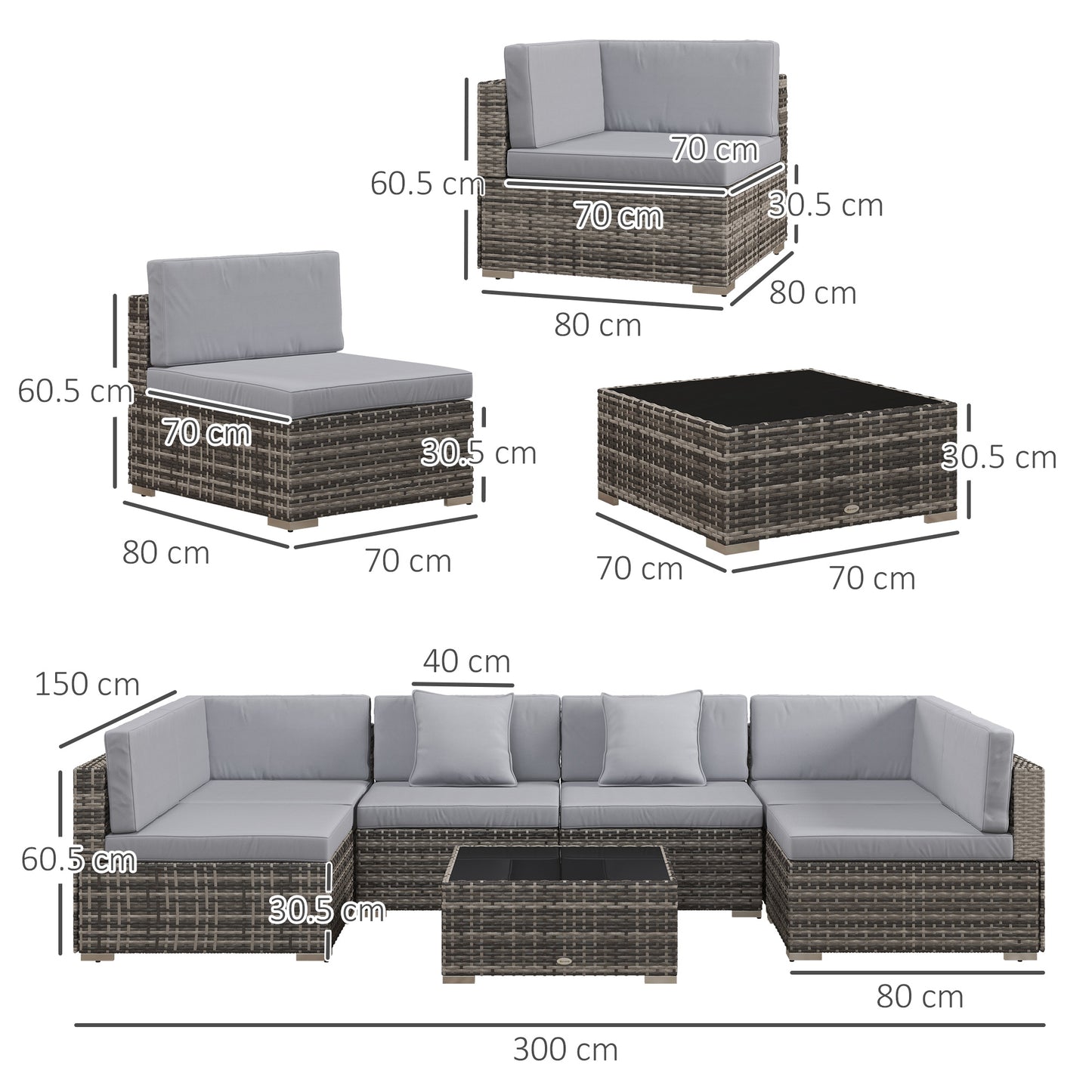 Seven-Piece Rattan Garden Set, with Glass-Top Table