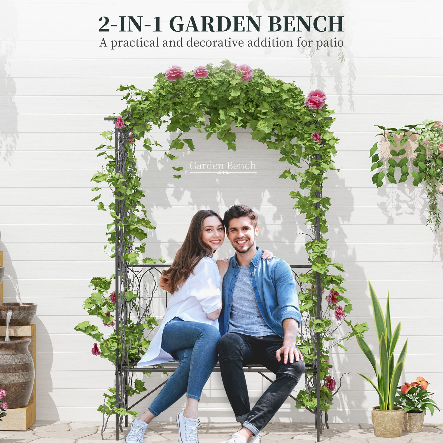 Garden Metal Frame Bench W/Arch for Various Climbing Plant