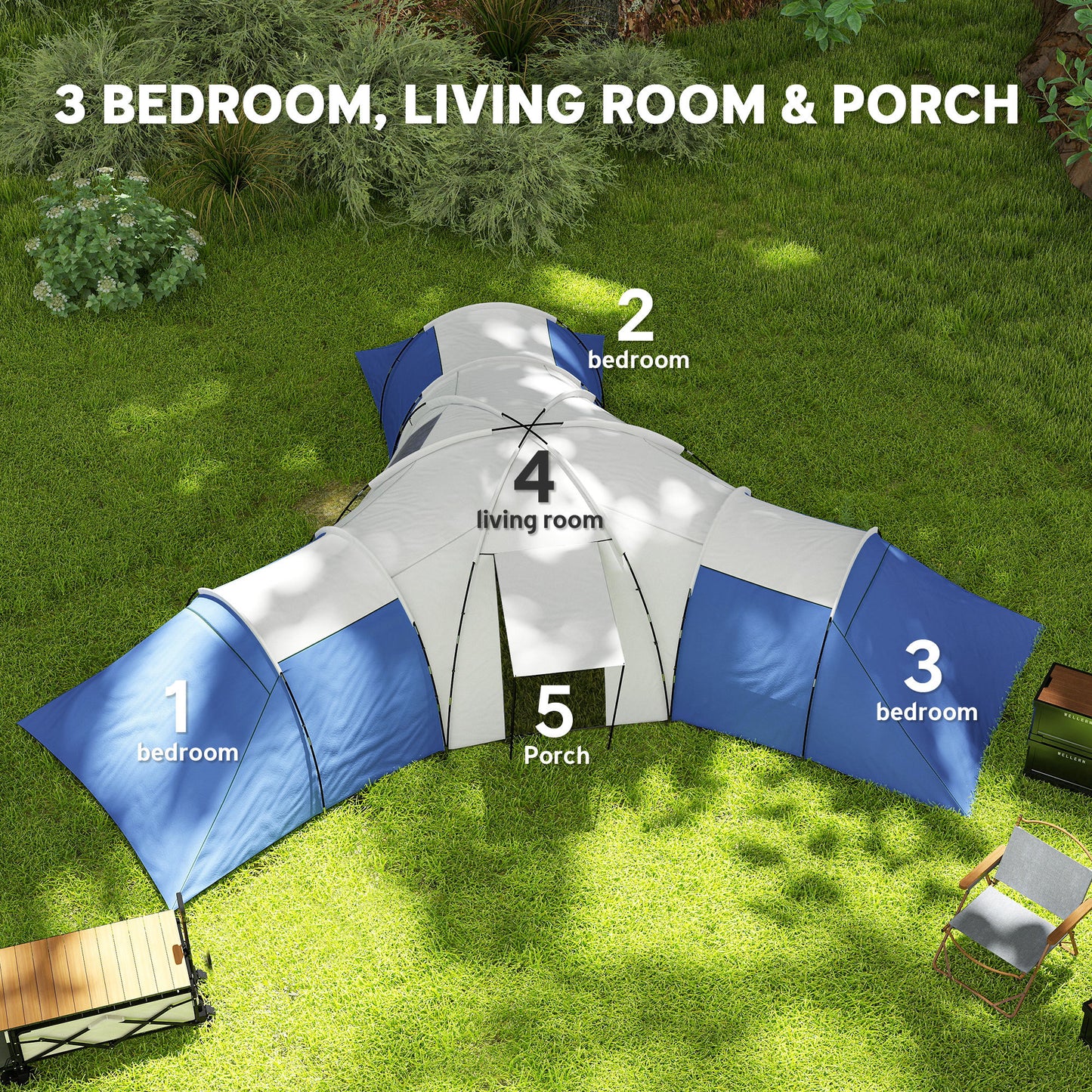 6-9 Man Tent with Bedrooms and Living Room, Accessories Included