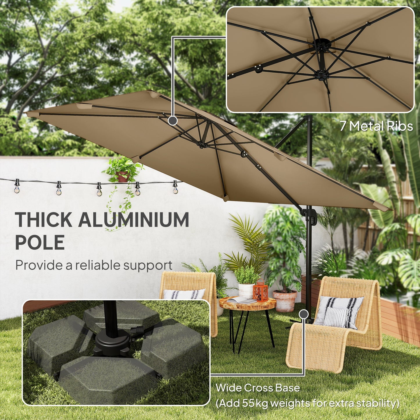 3 x 3 m Cantilever Parasol, Square Patio Umbrella with Crank Handle