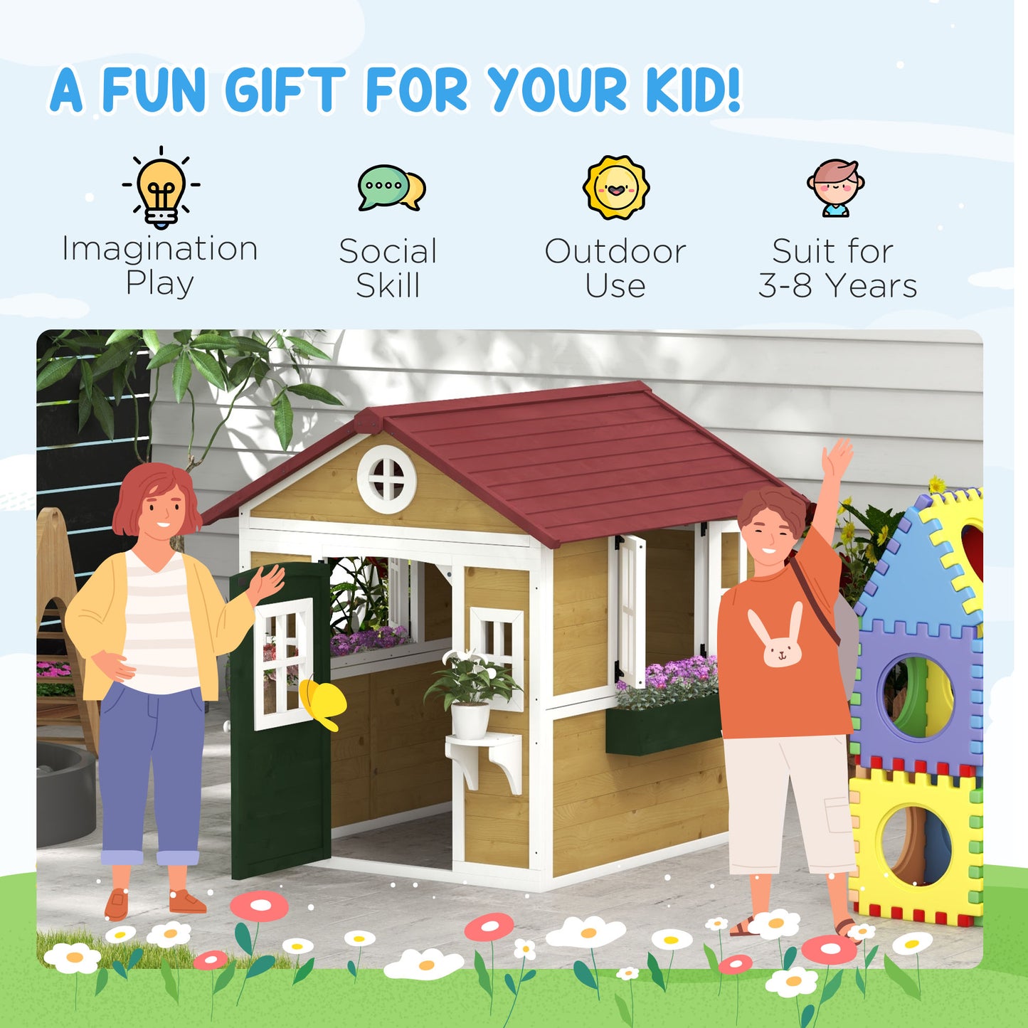 Wooden Playhouse with Doors, Windows, Plant Pots, Boxes, for 3-8 Years