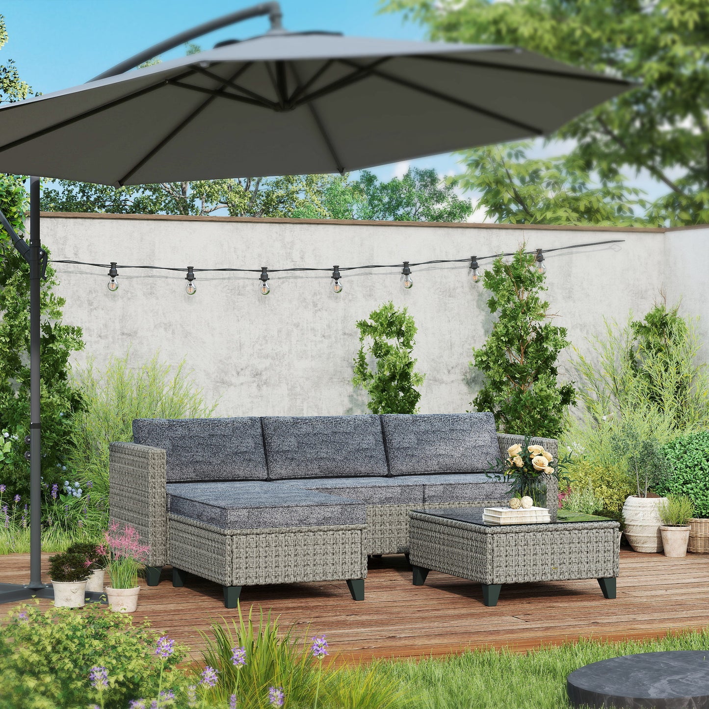 5-Piece Rattan Patio Furniture Set with Corner Sofa, Footstools