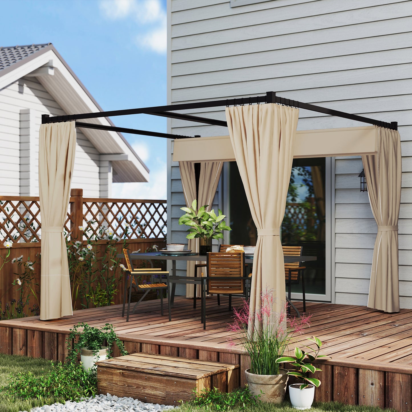 3 x 3(m) Retractable Pergola, Garden Gazebo Shelter with Curtains