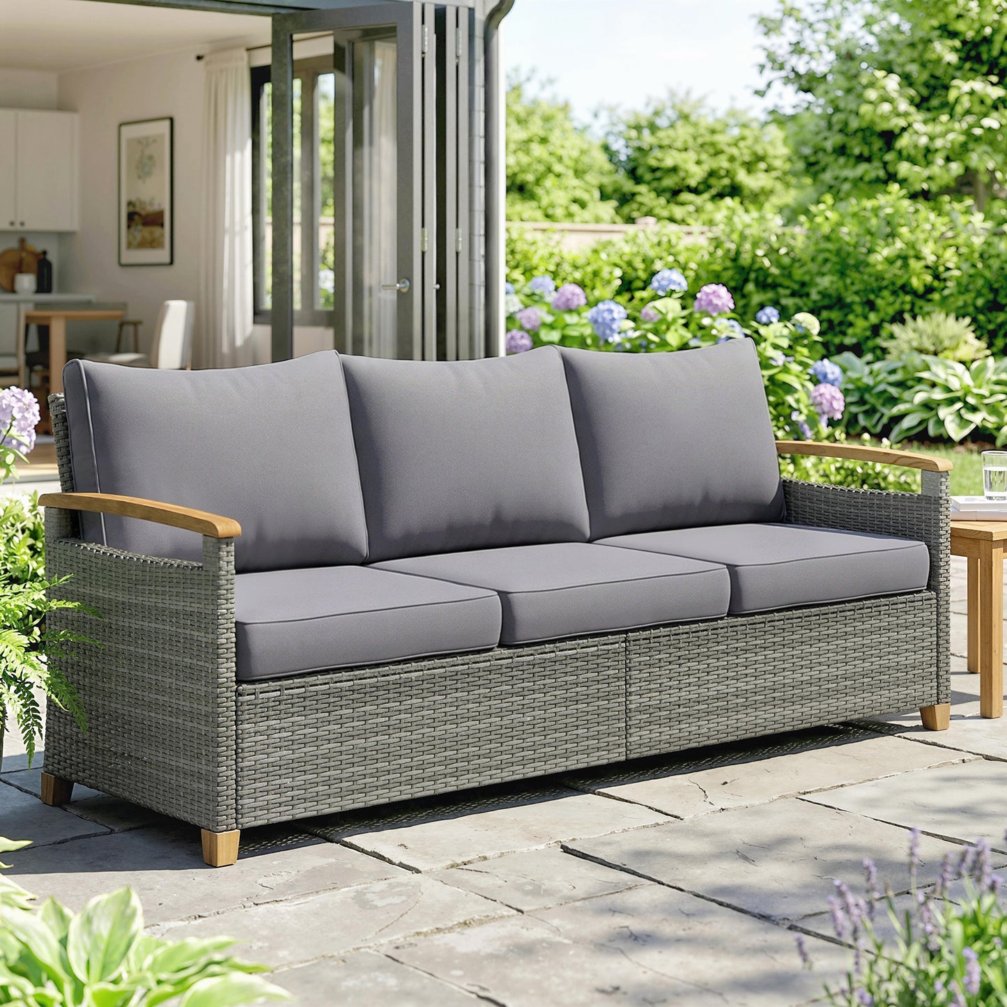 3 Seater Rattan Garden Sofa, PE Wicker Outdoor Sofa Wide Deep Seat