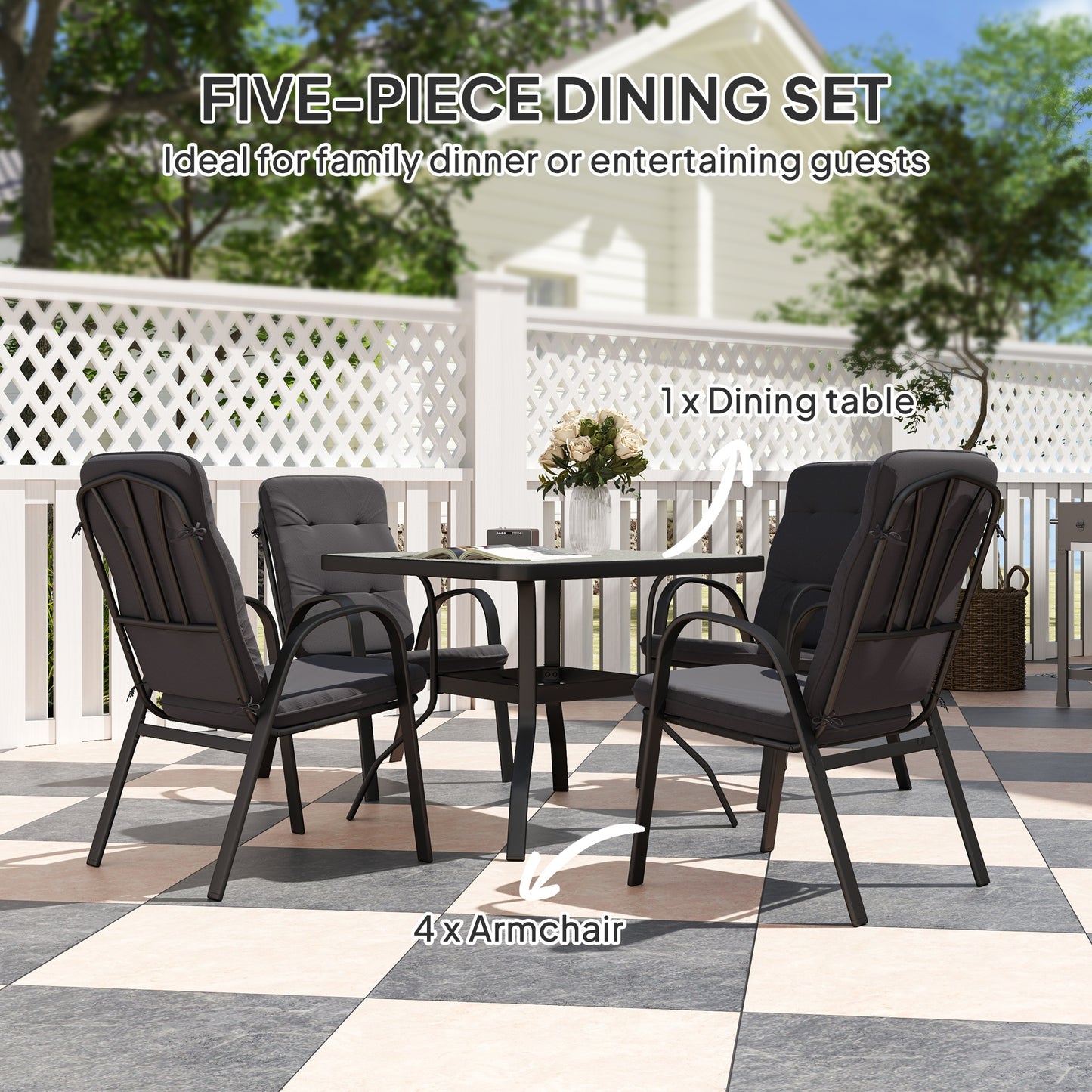 5 Pieces Outdoor Square Garden Dining Set w/ Tempered Glass Dining