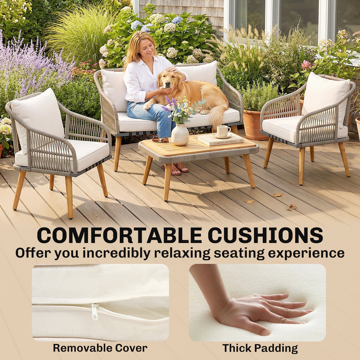 4 Piece Rattan Garden Furniture Set with Loveseat, Armchairs