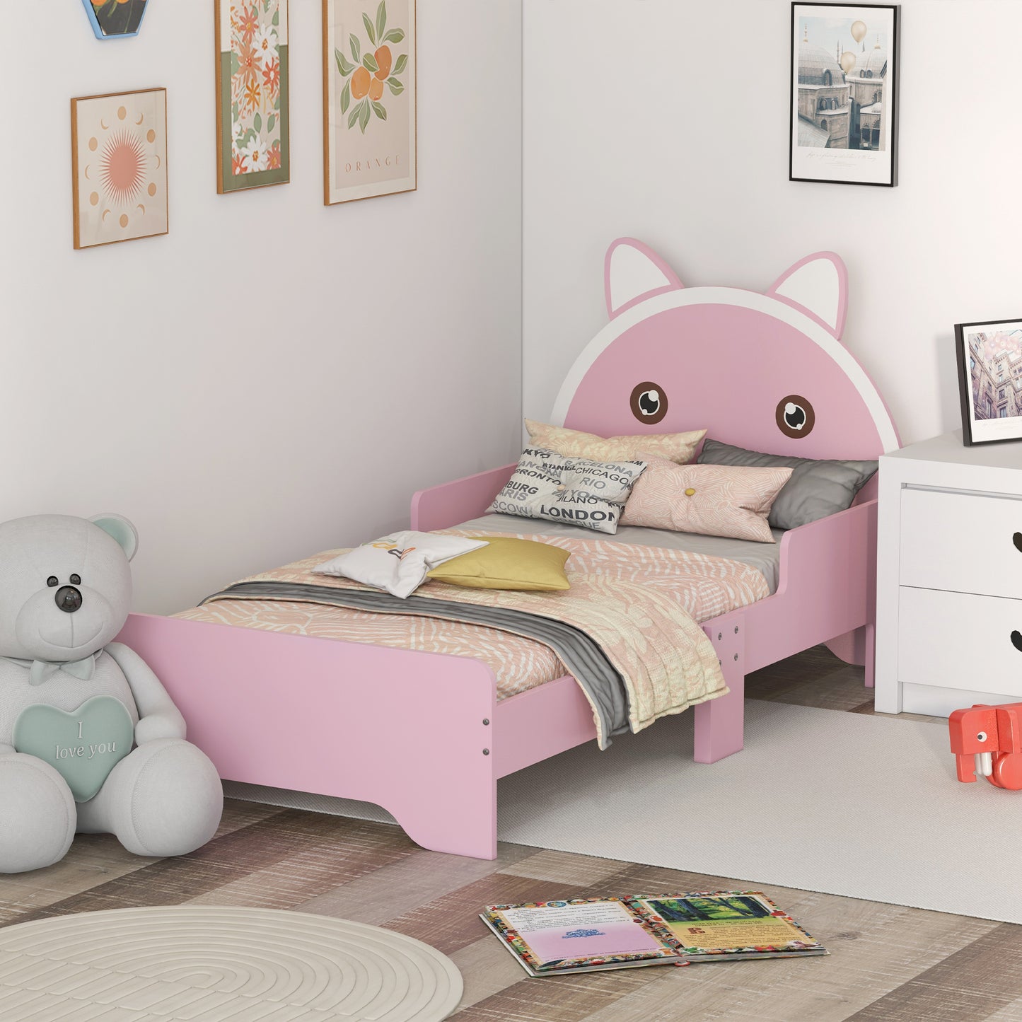 Bed for Kids Cat Design Toddler Bed Frame Bedroom Furniture