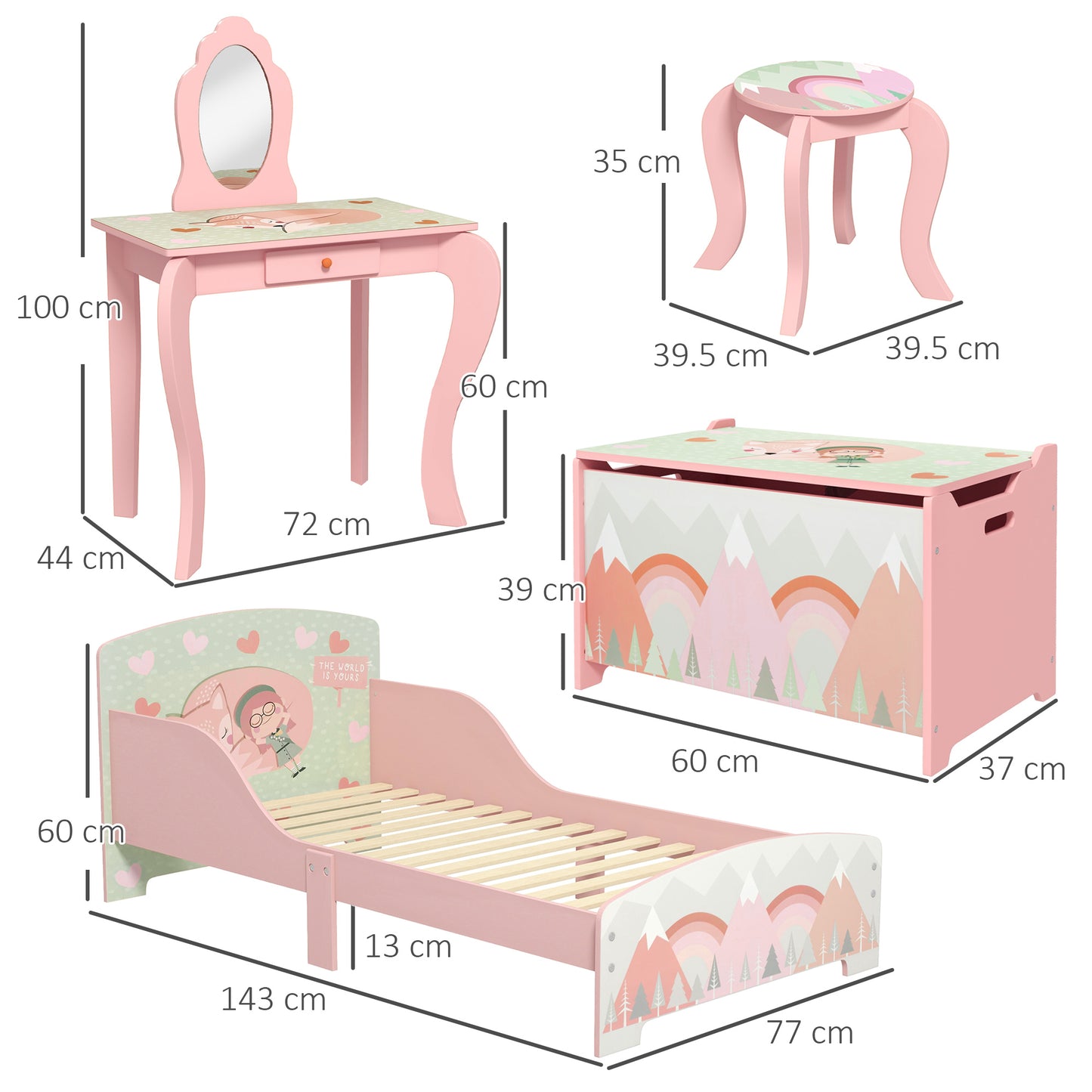 Kids Bedroom Furniture Set Includes Bed Frame, Toy Chest