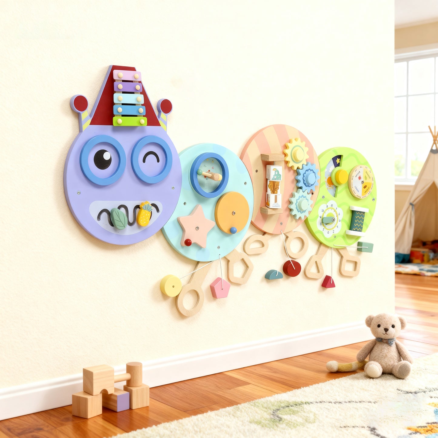 Caterpillar Busy Board with 7 Activities, for Nursery, Playroom