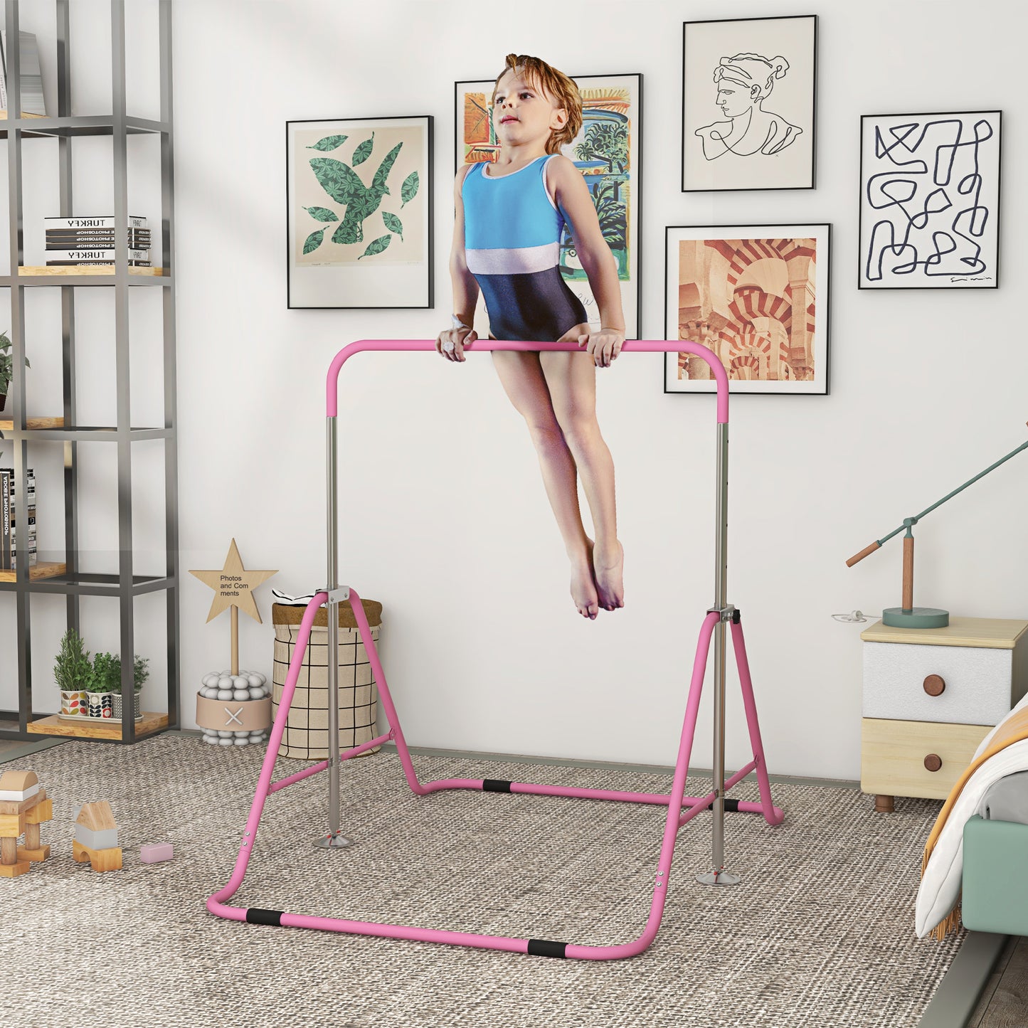 Kids Gymnastic Bar, with Adjustable Height, Foldable Horizontal Bars