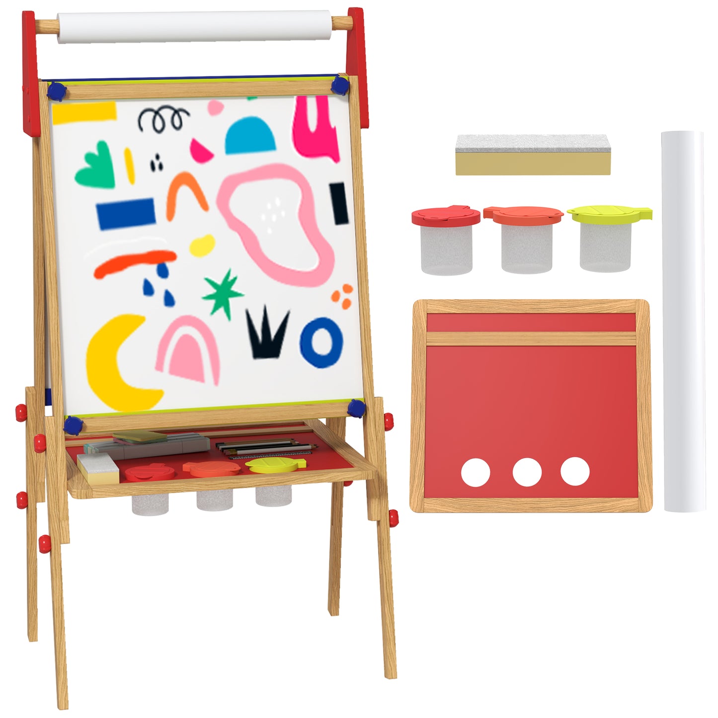 3-in-1 Wooden Kids Easel with Paper Roll, Whiteboard, Chalkboard