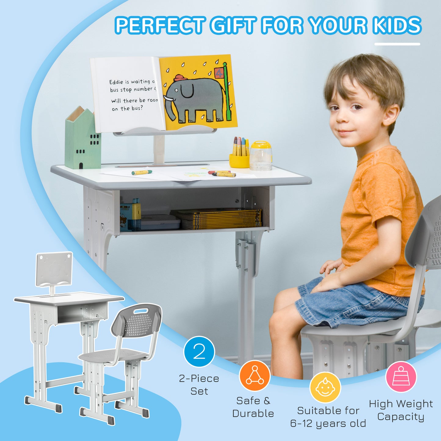 Kids Adjustable Desk and Chair Set, Book Stand, Pen Slot