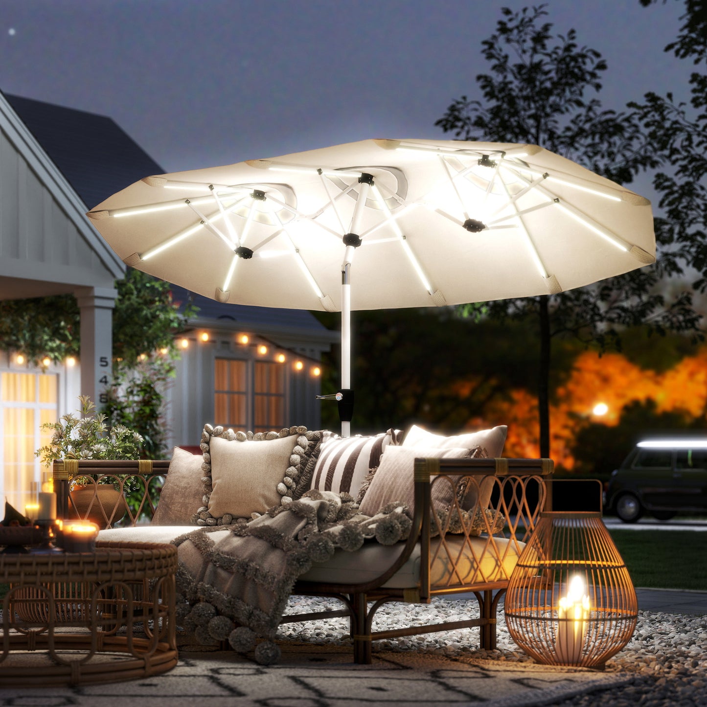 3 m Double-Sided Garden Parasol with LED Solar Lights