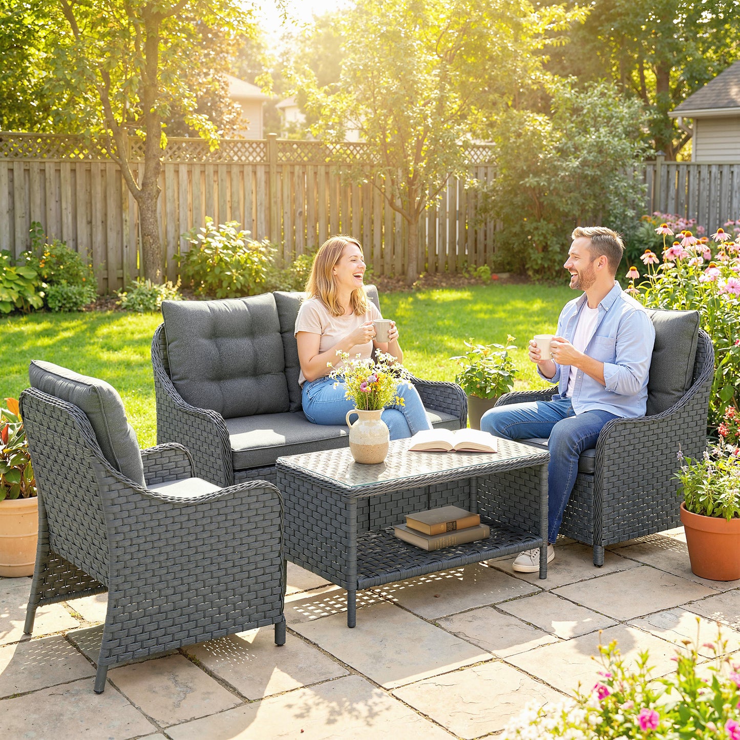 4-Piece Wicker Patio Furniture Set with 2 Armchairs, Loveseat