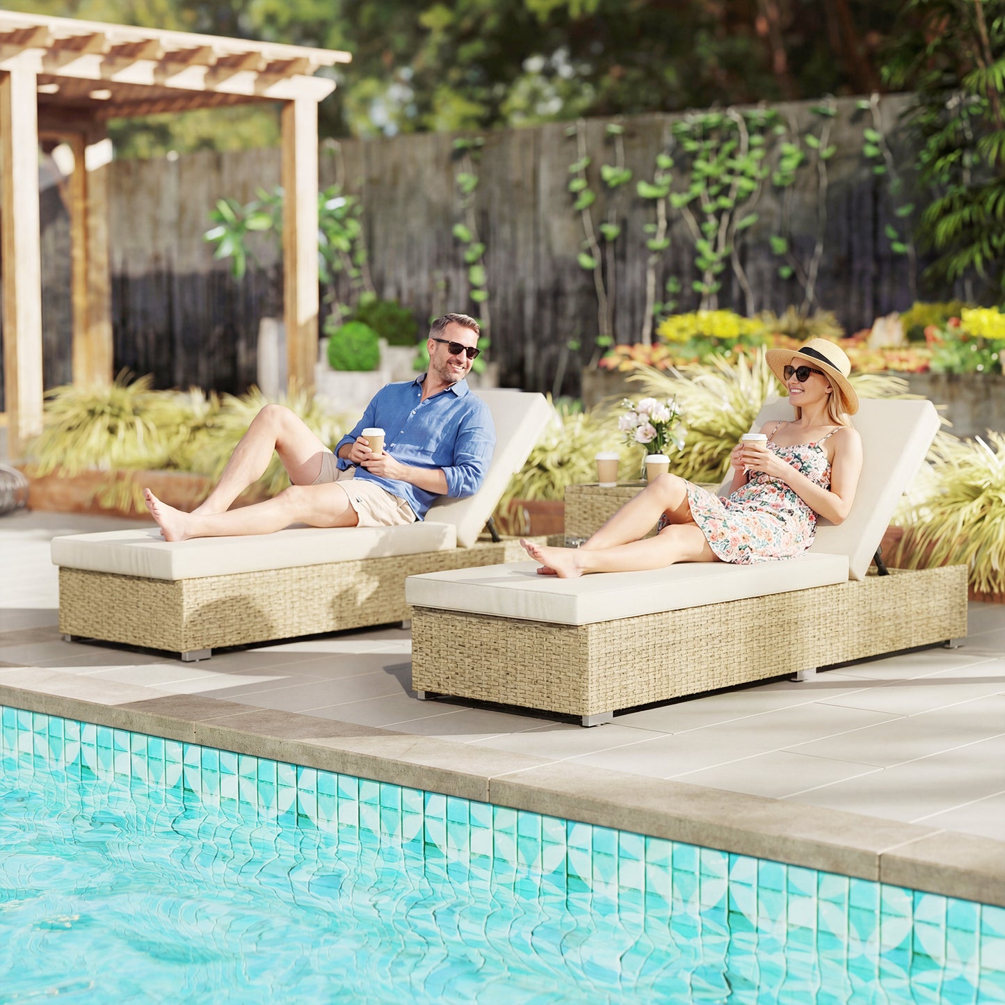 Rattan Sun Loungers Set of 2 with Side Table