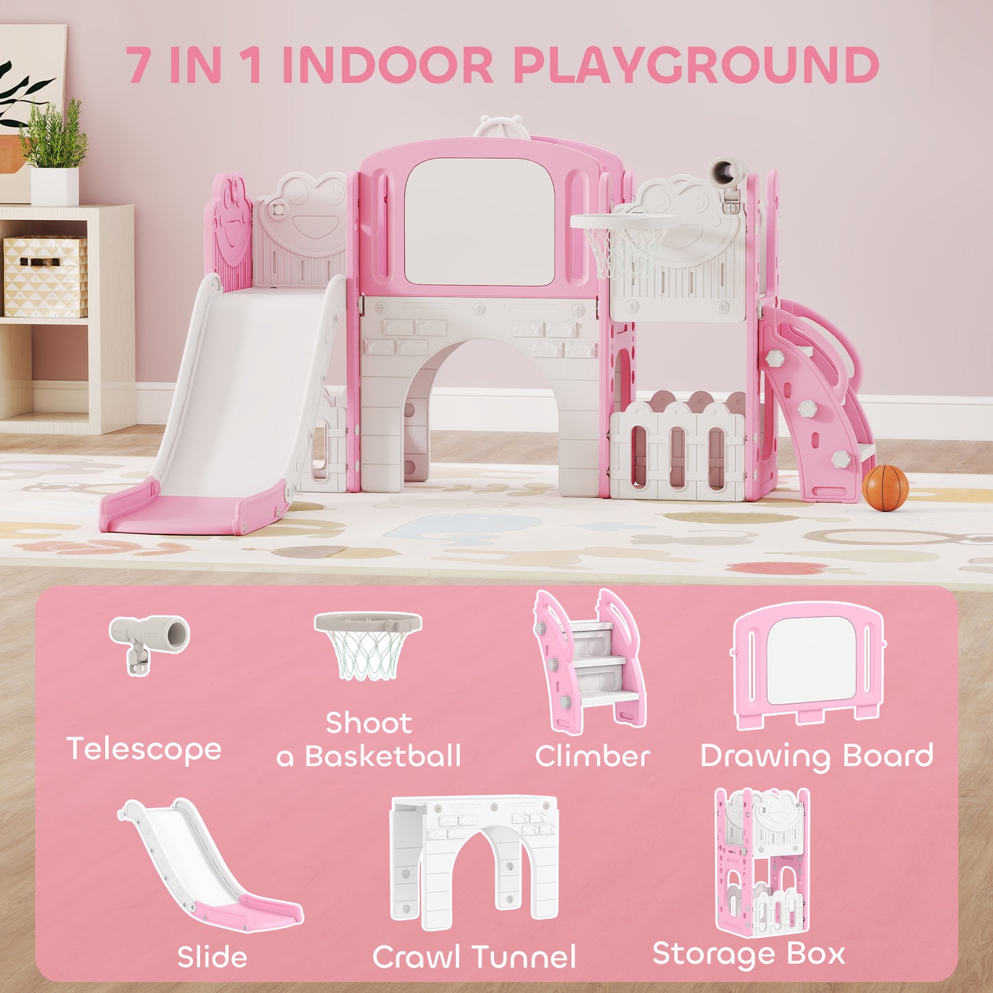 7 in 1 Toddler Slide Set with Basketball Hoop, Climbing Frame