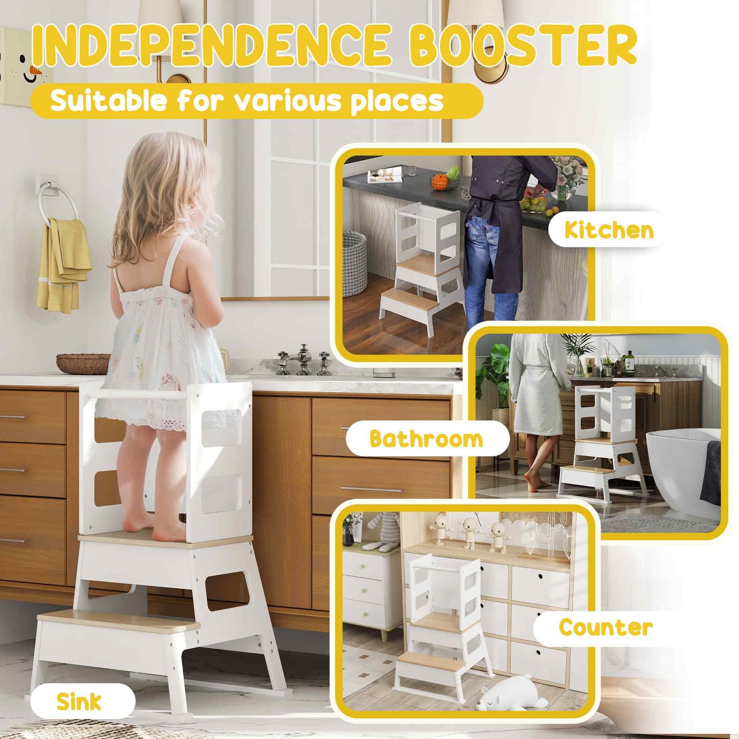 2-in-1 Toddler Tower with Chalkboard, Safety Rail for Kitchen