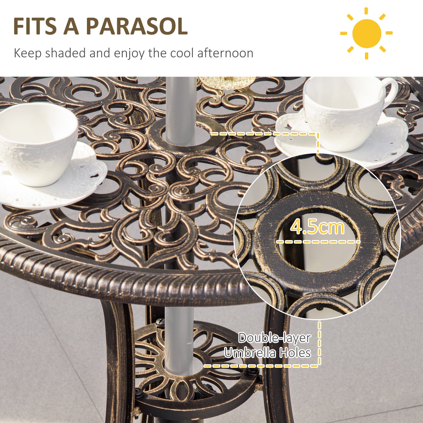 3pc Cast Aluminium Garden Bistro Set for 2 with Parasol Hole