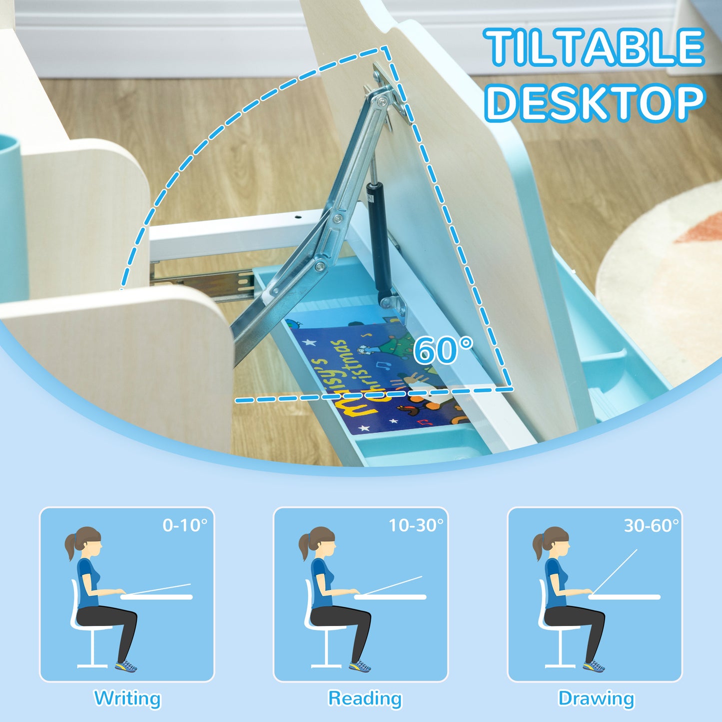 Kids Desk and Chair Set, with Storage Shelves, Washable Cover