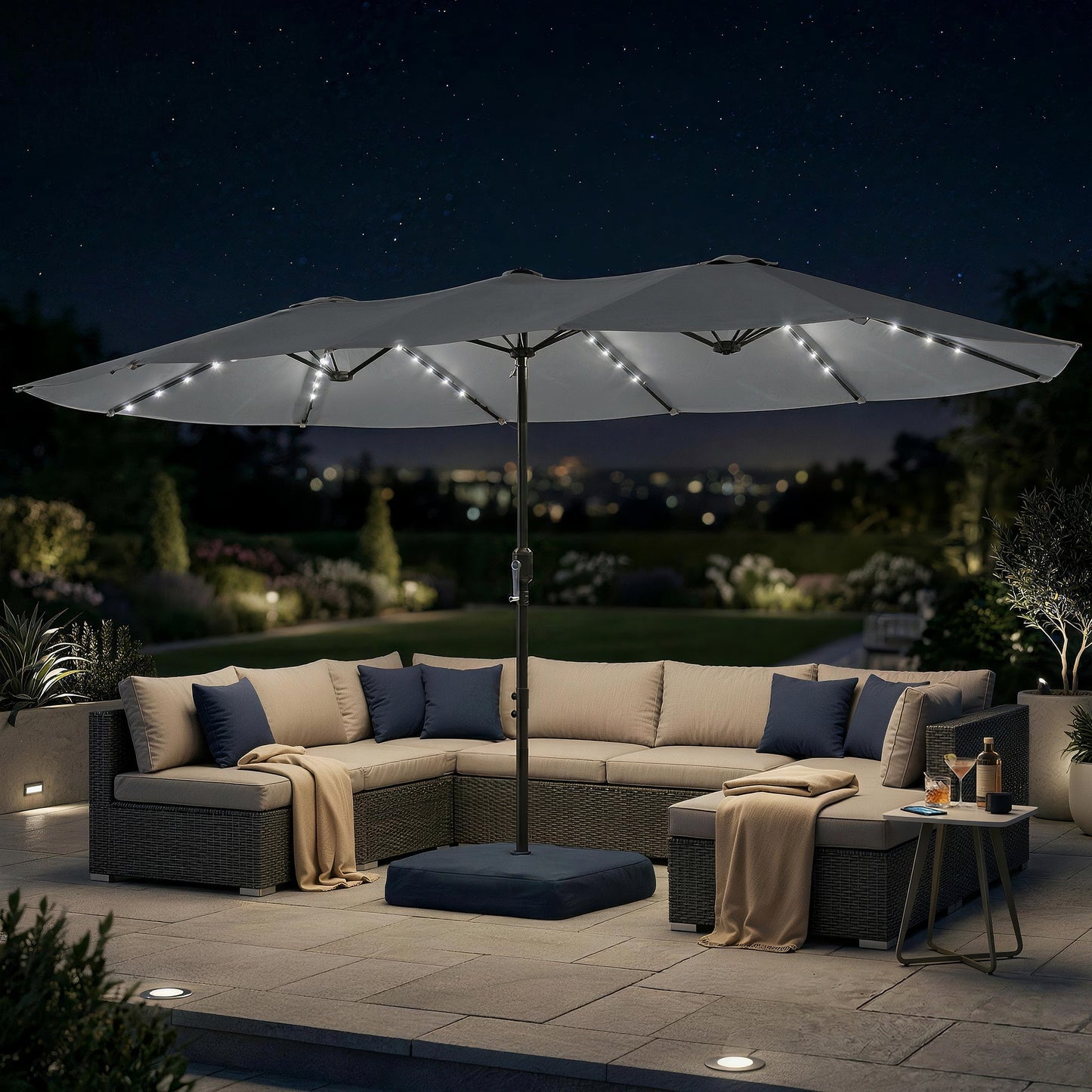 Patio Umbrella Double-Sided Outdoor Umbrella with Solar Lights Base