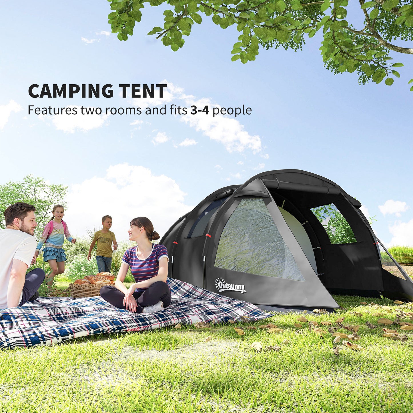 3-4 Man Tunnel Tent, Two Room Camping Tent with Windows