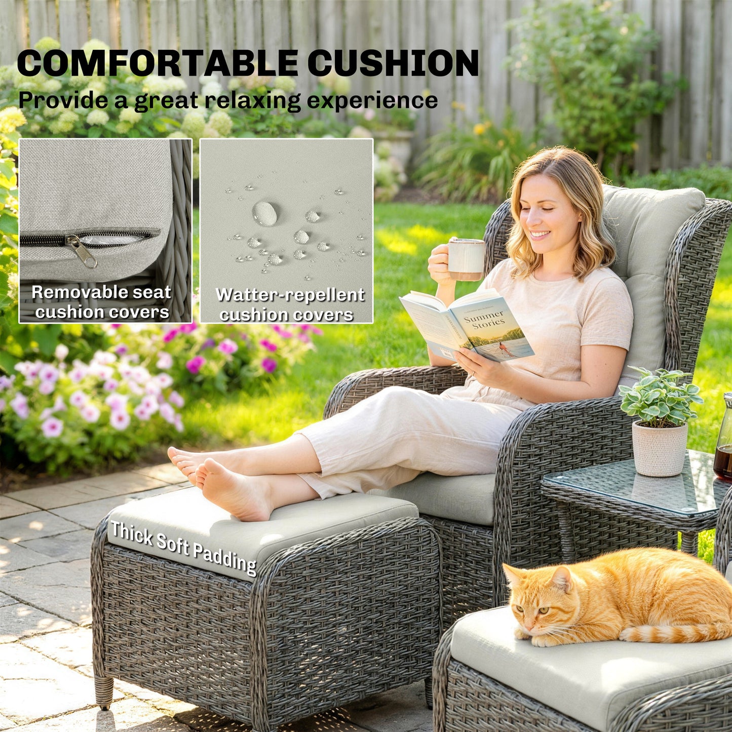 Rattan Reclining Garden Chair Set of 2 with Footstool and Cushion