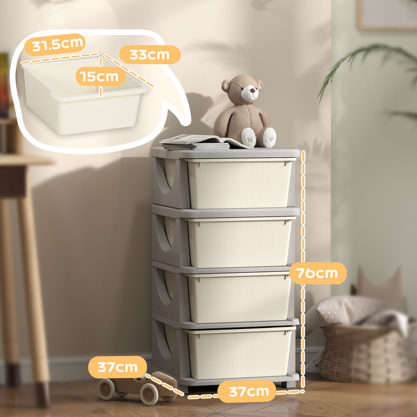 Four-Tier Kids Storage Boxes, with Four Drawers
