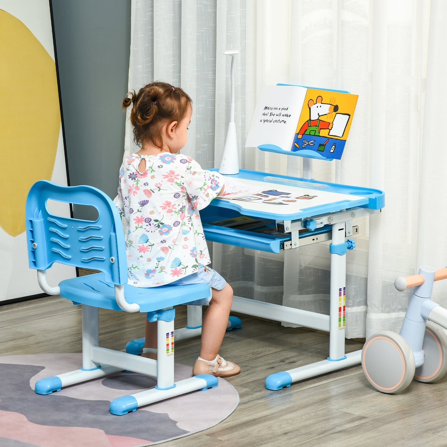 Kids Study Desk and Chair Set w/ Adjustable Height, Storage, Drawer