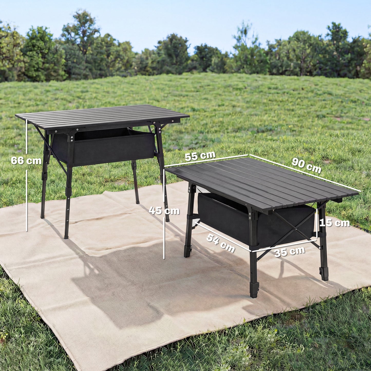 Folding Camping Table, 90 x 55 cm Height Adjustable Portable