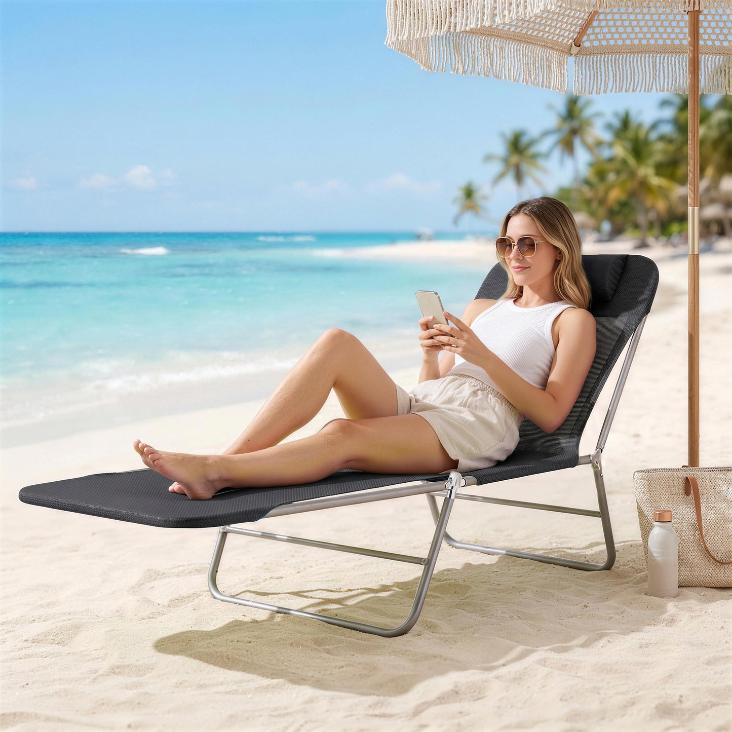 Folding Sun Lounger, Texteline Reclining Sun Bed