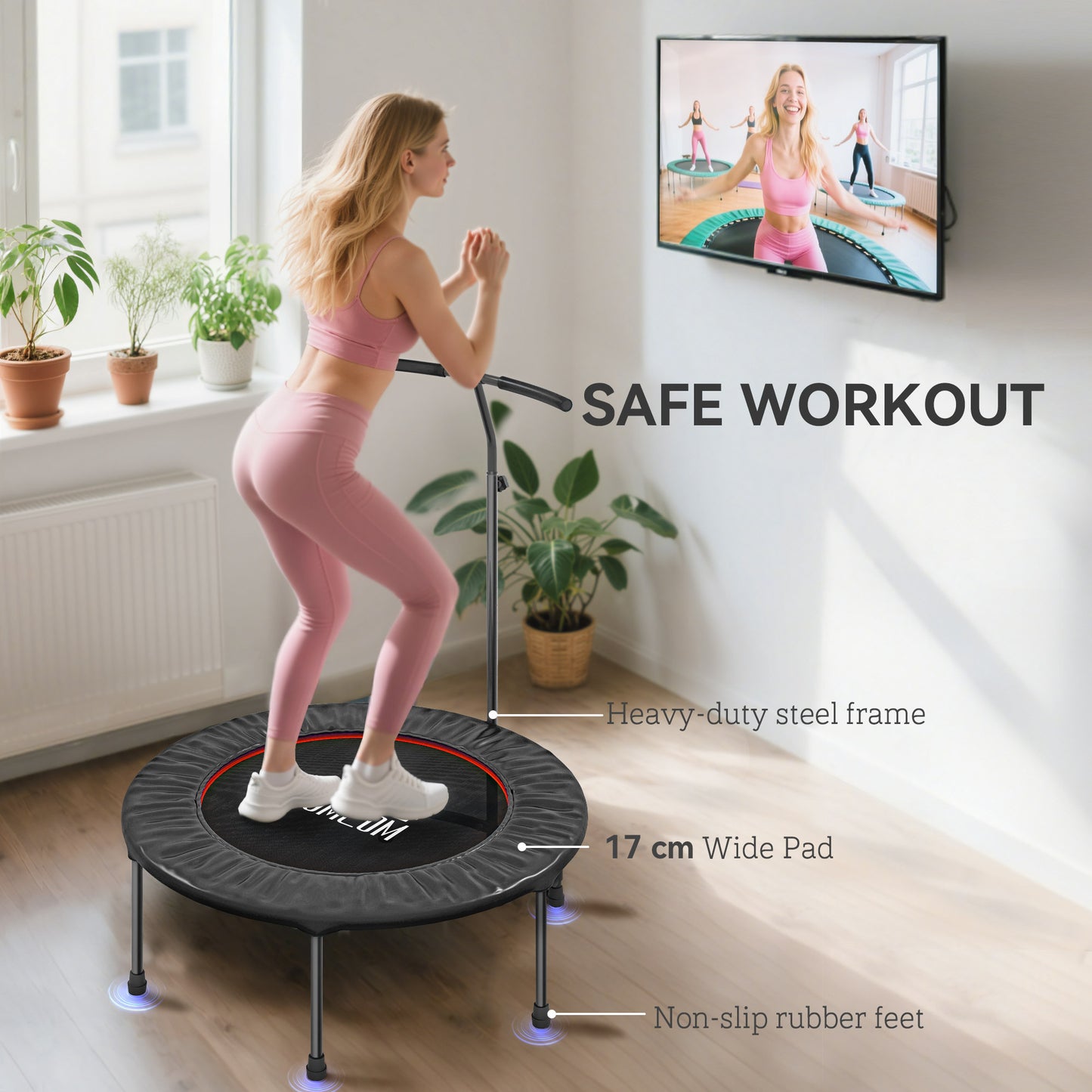 40" Fitness Trampoline with Adjustable Handle, Rebounder Trampoline