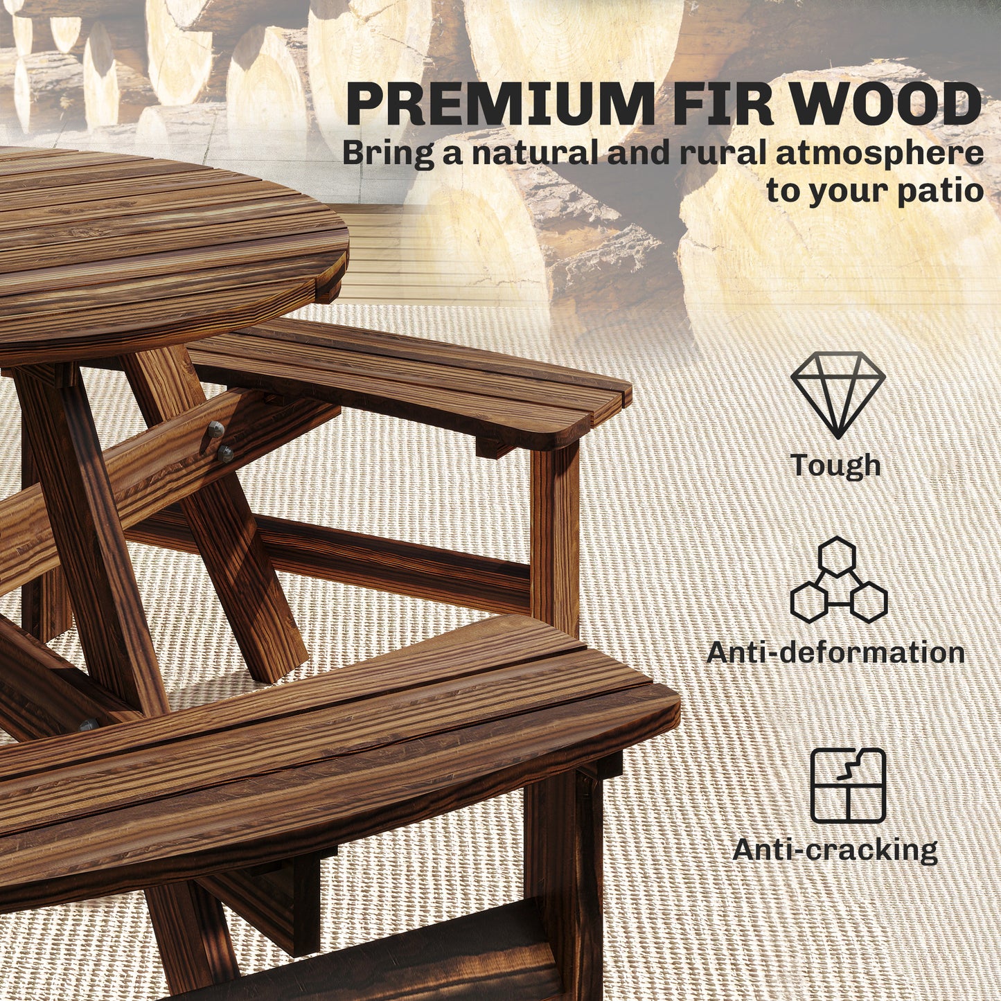 Wooden Garden Dining Set, 6 Seater Round Dining Picnic Table (2)