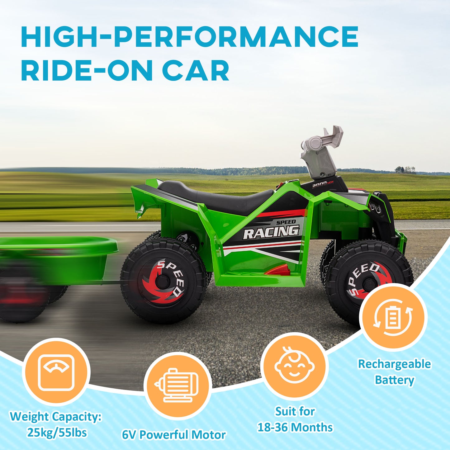 6V Quad Bike with Back Trailer, Wear-Resistant Wheels