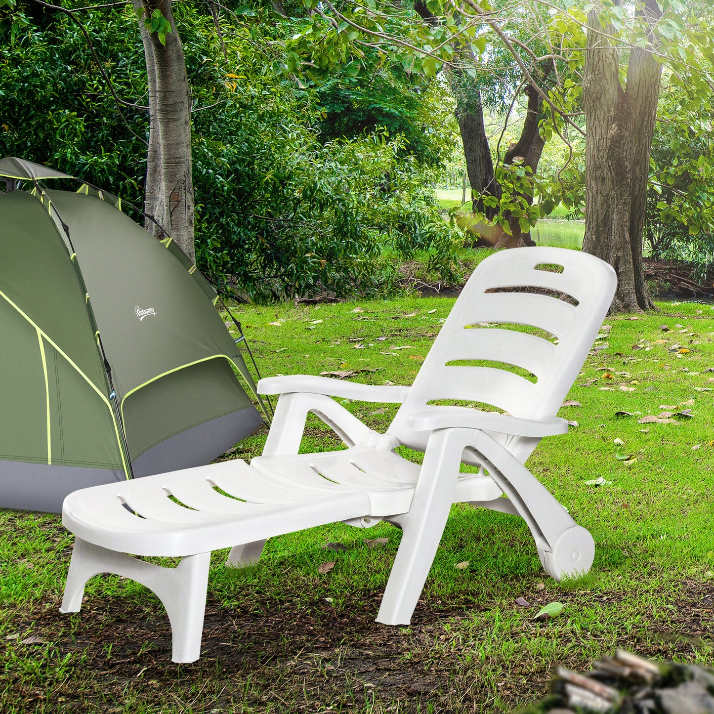 2PCs Outdoor Folding Sun Lounger Recliner on Wheels w/ 5-Position