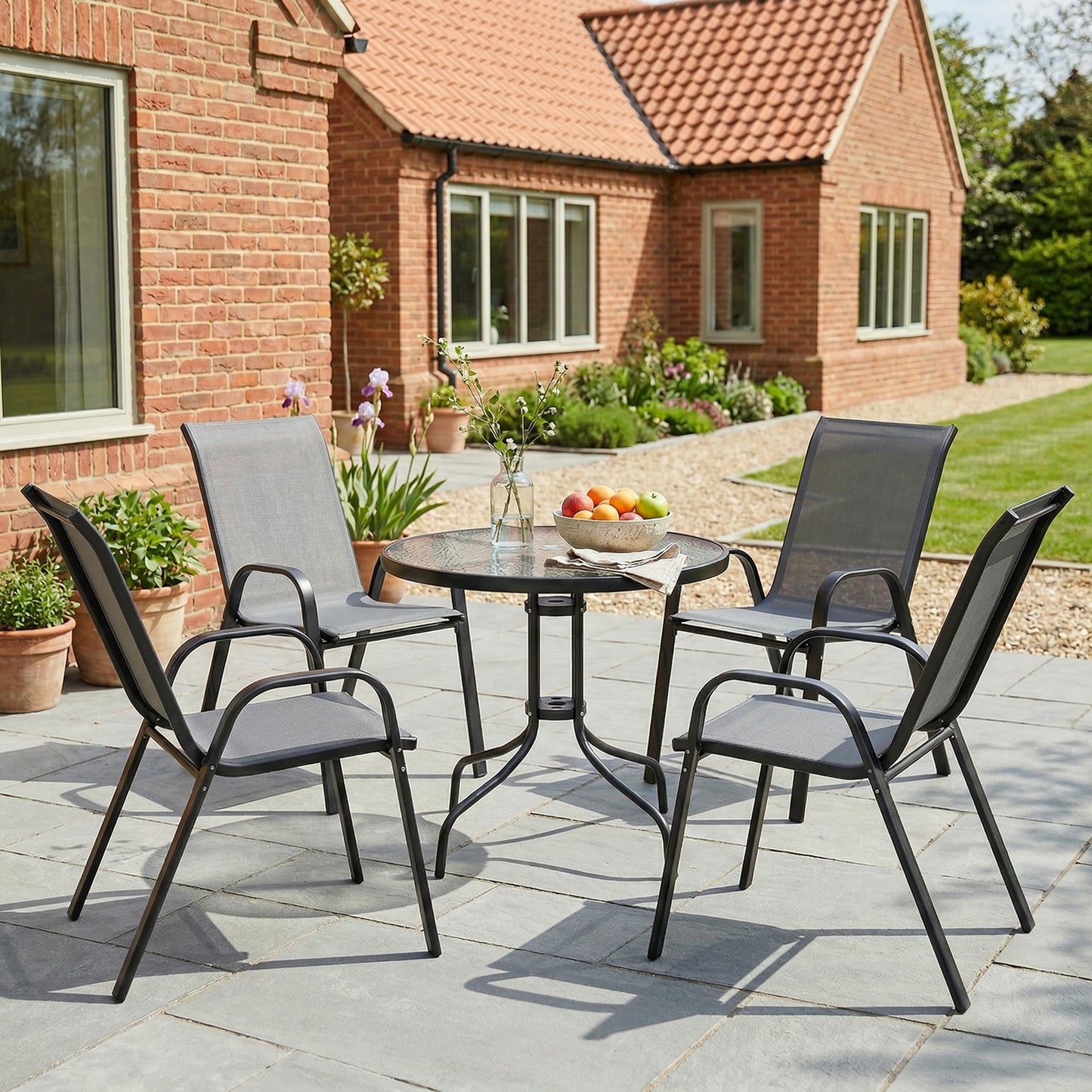 Five-Piece Steel Patio Set, with Glass-Top Table