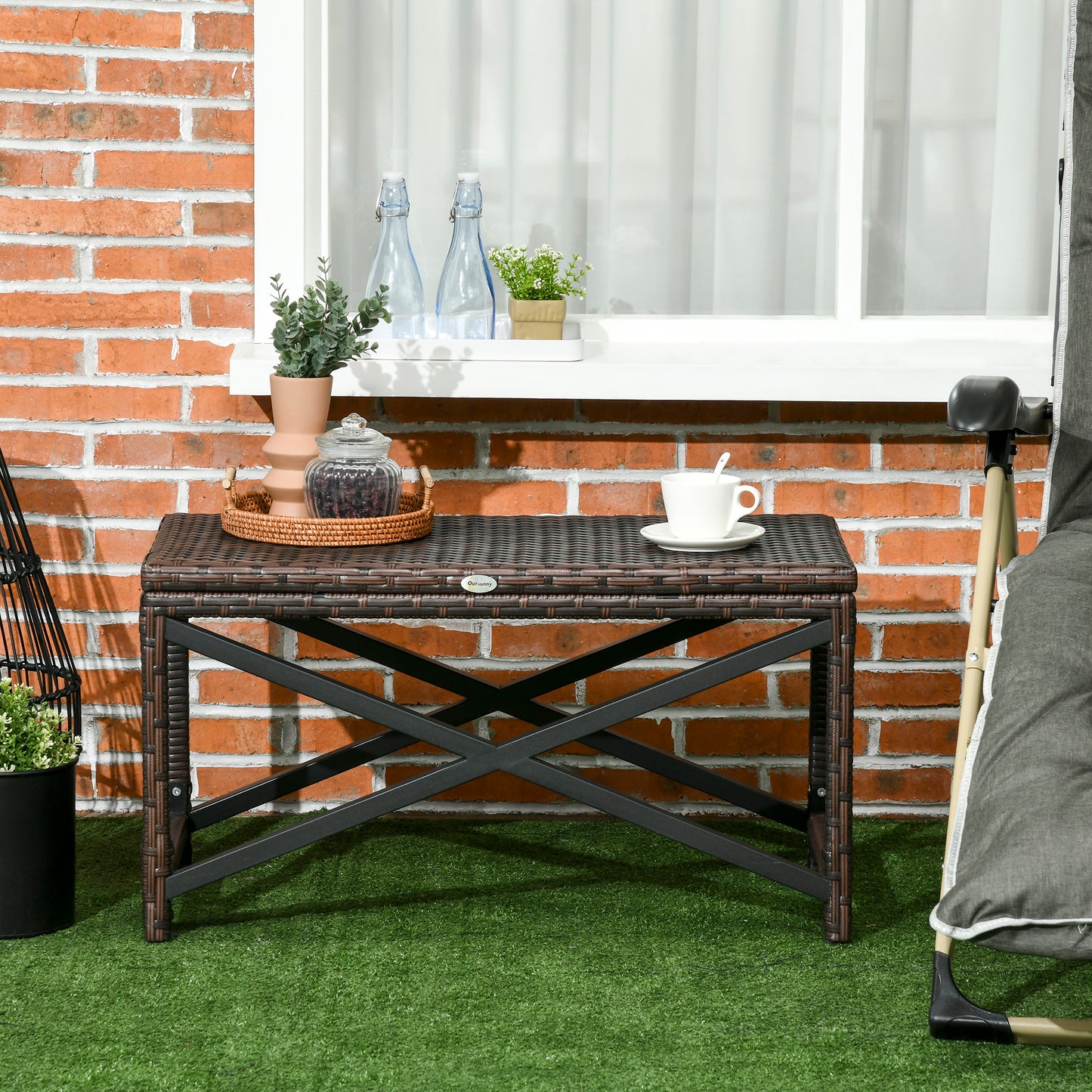 PE Rattan Garden Side Table, Outdoor Coffee Table with X-Shape Frame