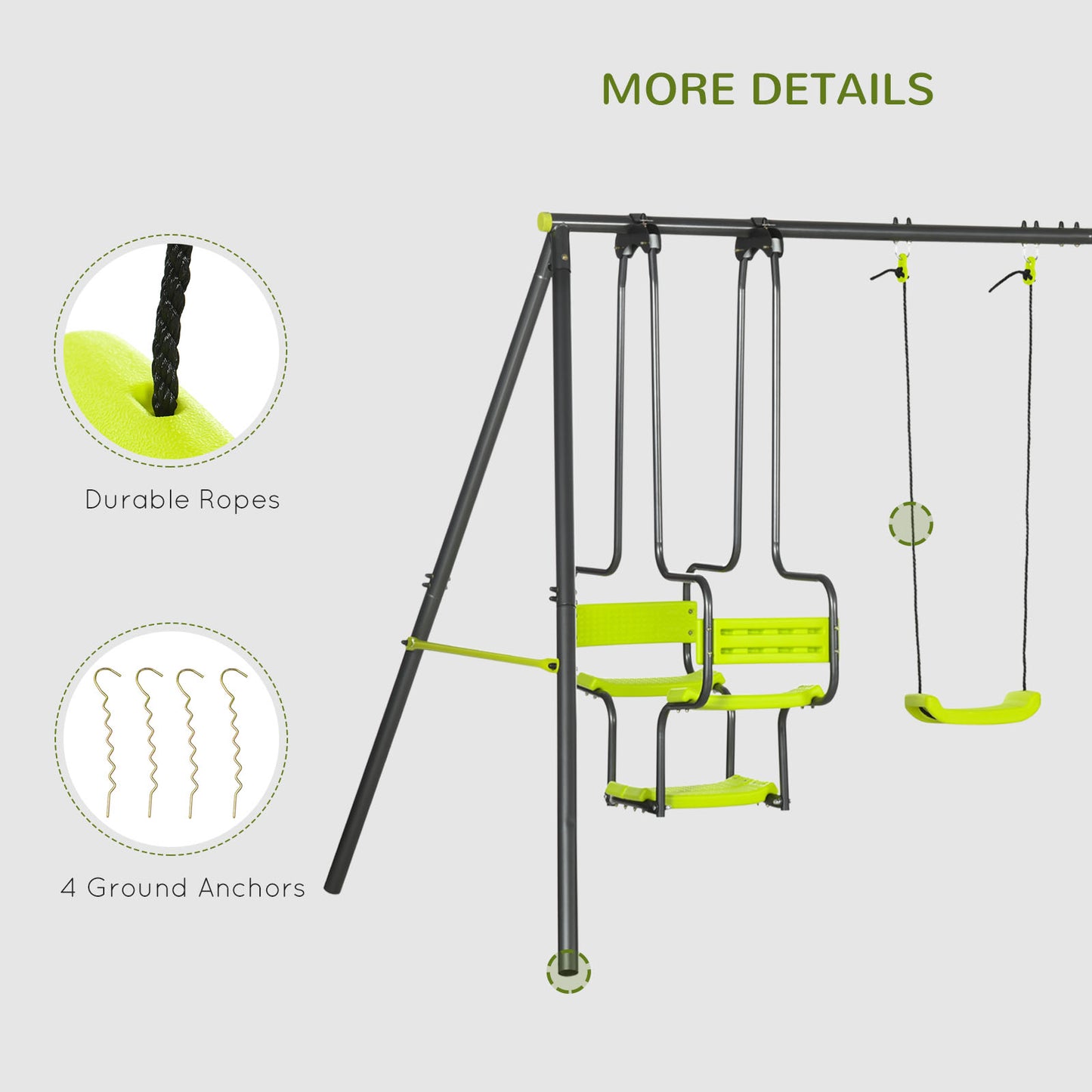 Metal Garden Swing Set with Double Swings, Glider, Swing Seats