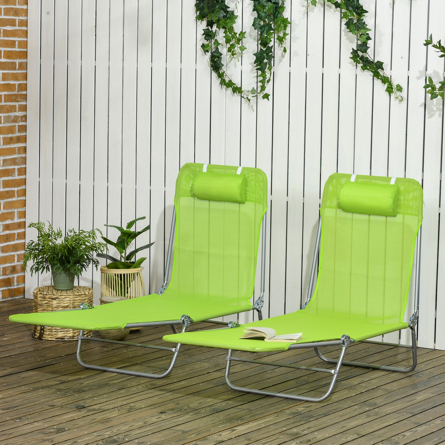 Set of Two Steel Frame Sun Loungers, with Reclining Backs