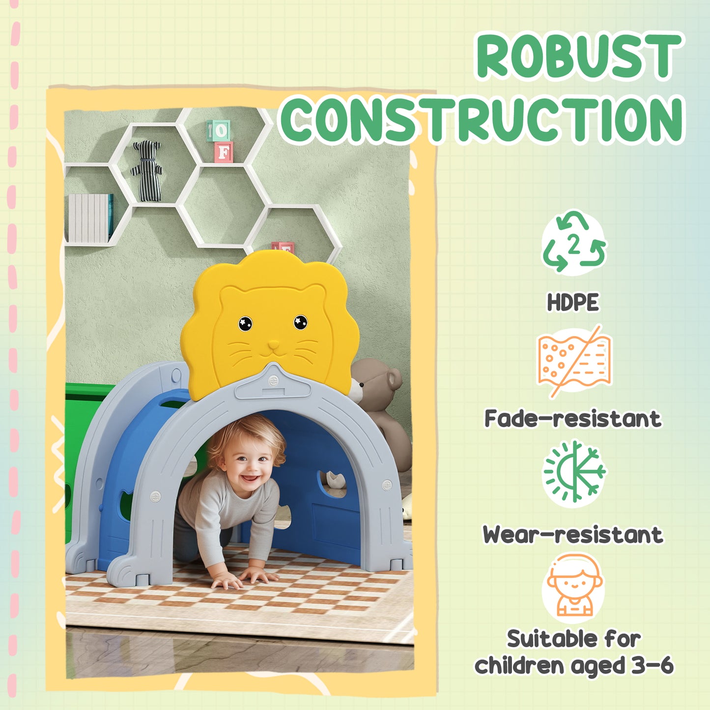 Kids Play Tunnel with Lion Design for 3-6 Years, Crawling, Climbing