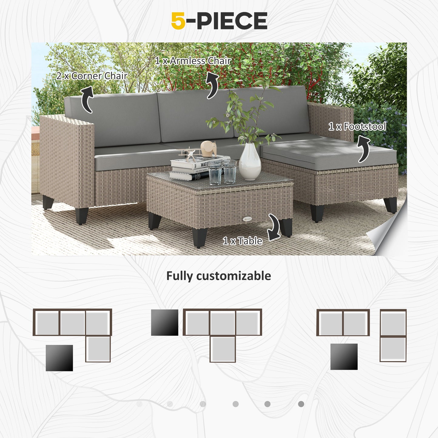 5-Piece Rattan Patio Furniture Set with Corner Sofa, Footstools